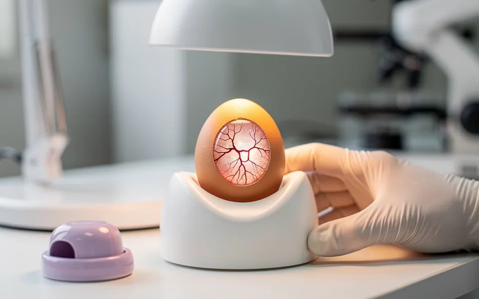 A gloved hand examining a windowed egg under a laboratory lamp