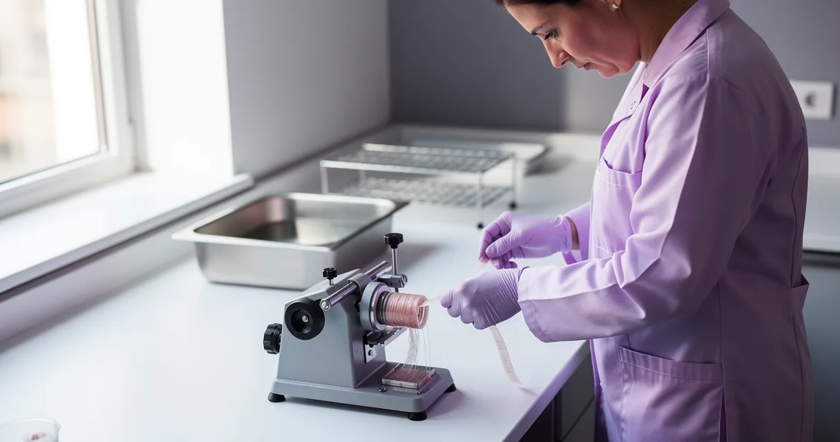 An adult technician preparing thin tissue sections at a microtome beside a water bath