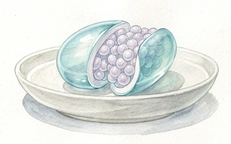 A cutaway illustration of a translucent gel with protected particles inside