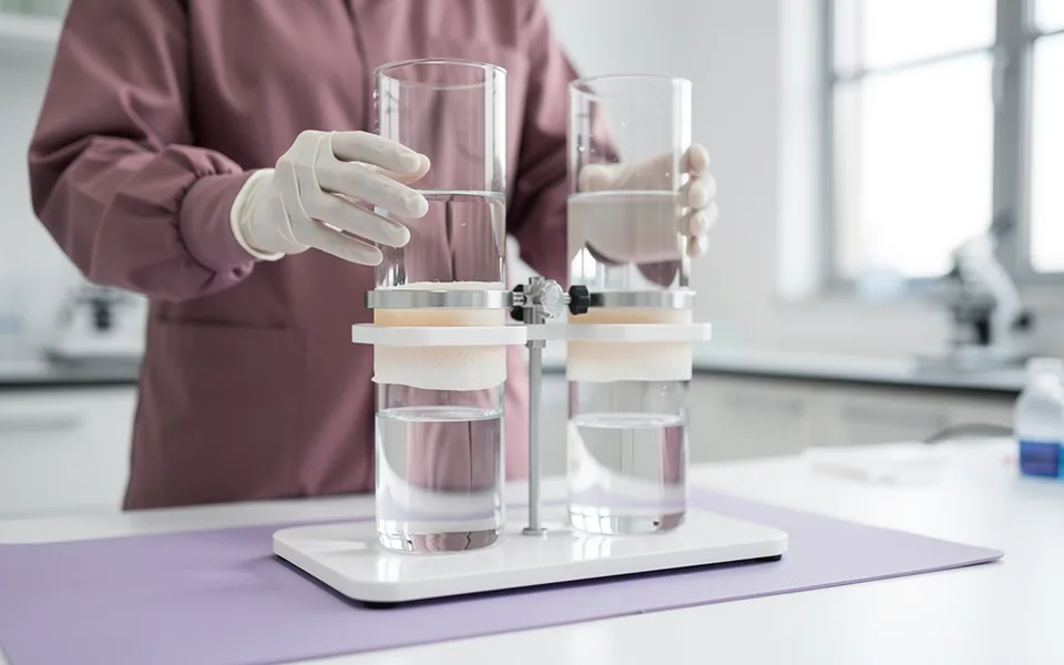 An adult worker adjusting glass diffusion chambers on a white laboratory bench